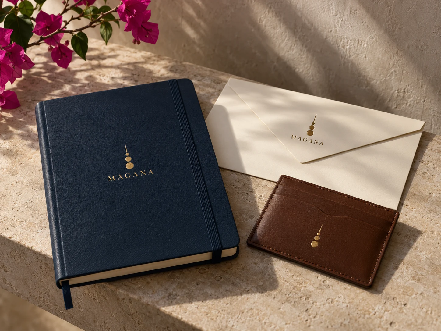 Carnet, enveloppe et porte-cartes aux couleurs de Magana.