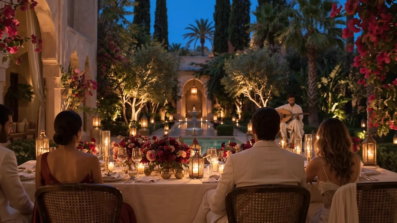 Un dîner privé dans un jardin de Marrakech, à l’heure bleue.