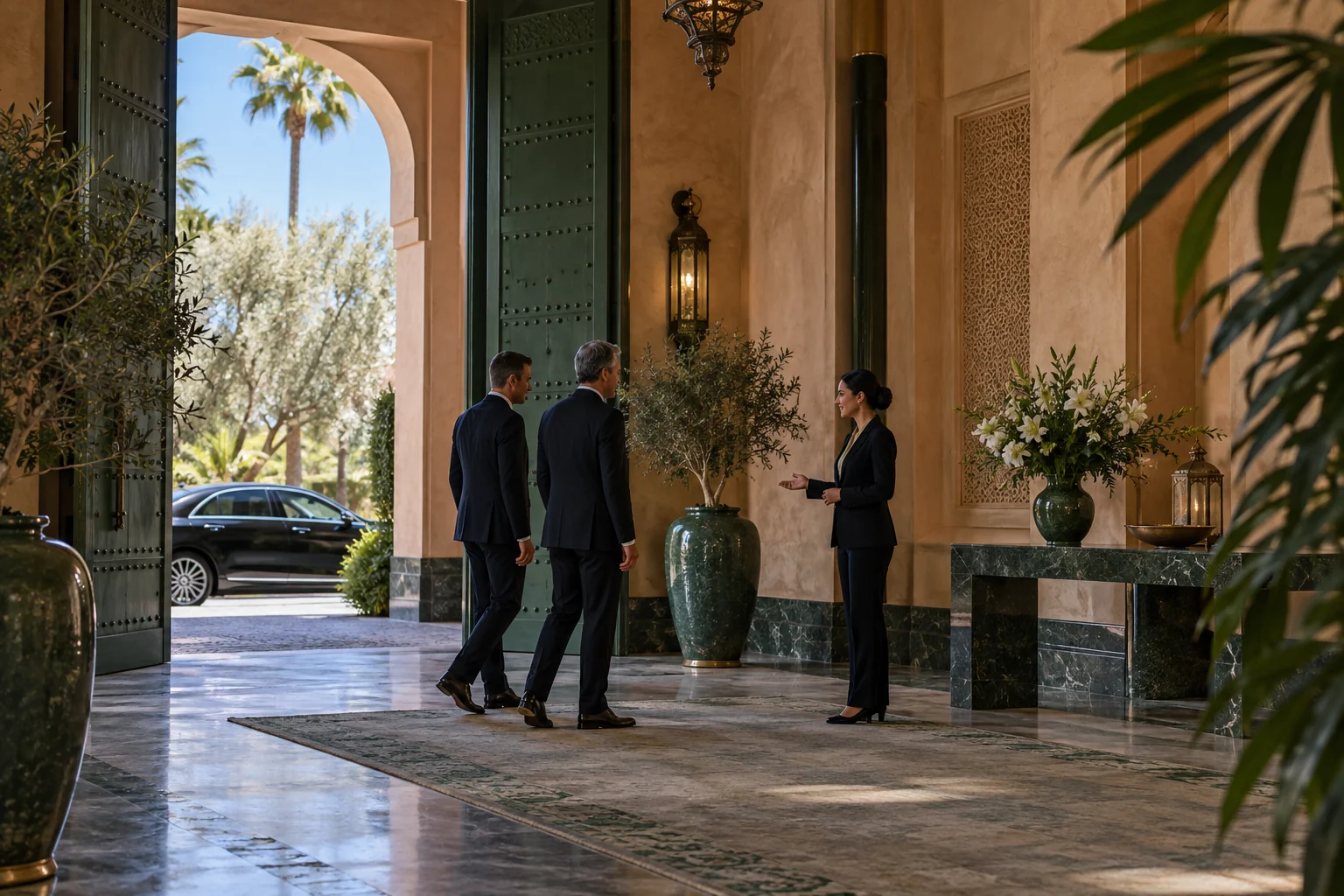 Accueil discret de visiteurs dans un vestibule à Marrakech.